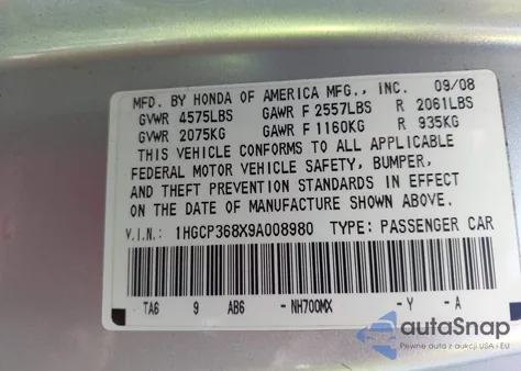 2009 Honda Accord 3.5 Ex-L из США, поврежденный, VIN 1HGCP368X9A008980